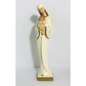 Mid Century Modern Mary & Child Statue 12" Tall Cream Gold Plaster Vintage